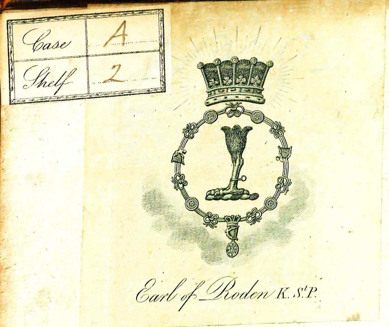 Bookplate of the Earl of Roden (with shelfmark), front pastedown