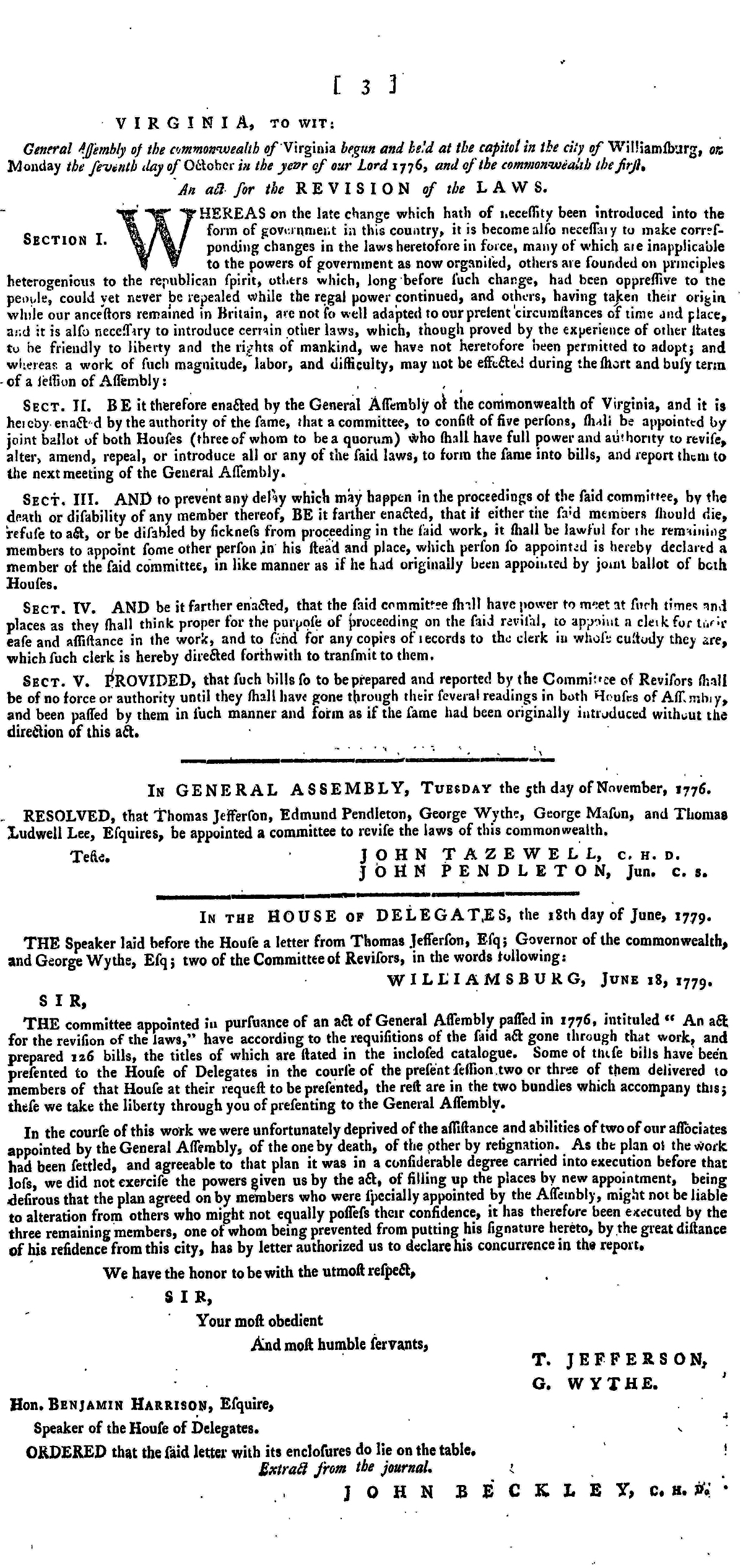 Page three from the Report of the Committee of Revisors Appointed by the General Assembly of Virginia in 1776 (Richmond, VA: Dixon & Hill, 1784).