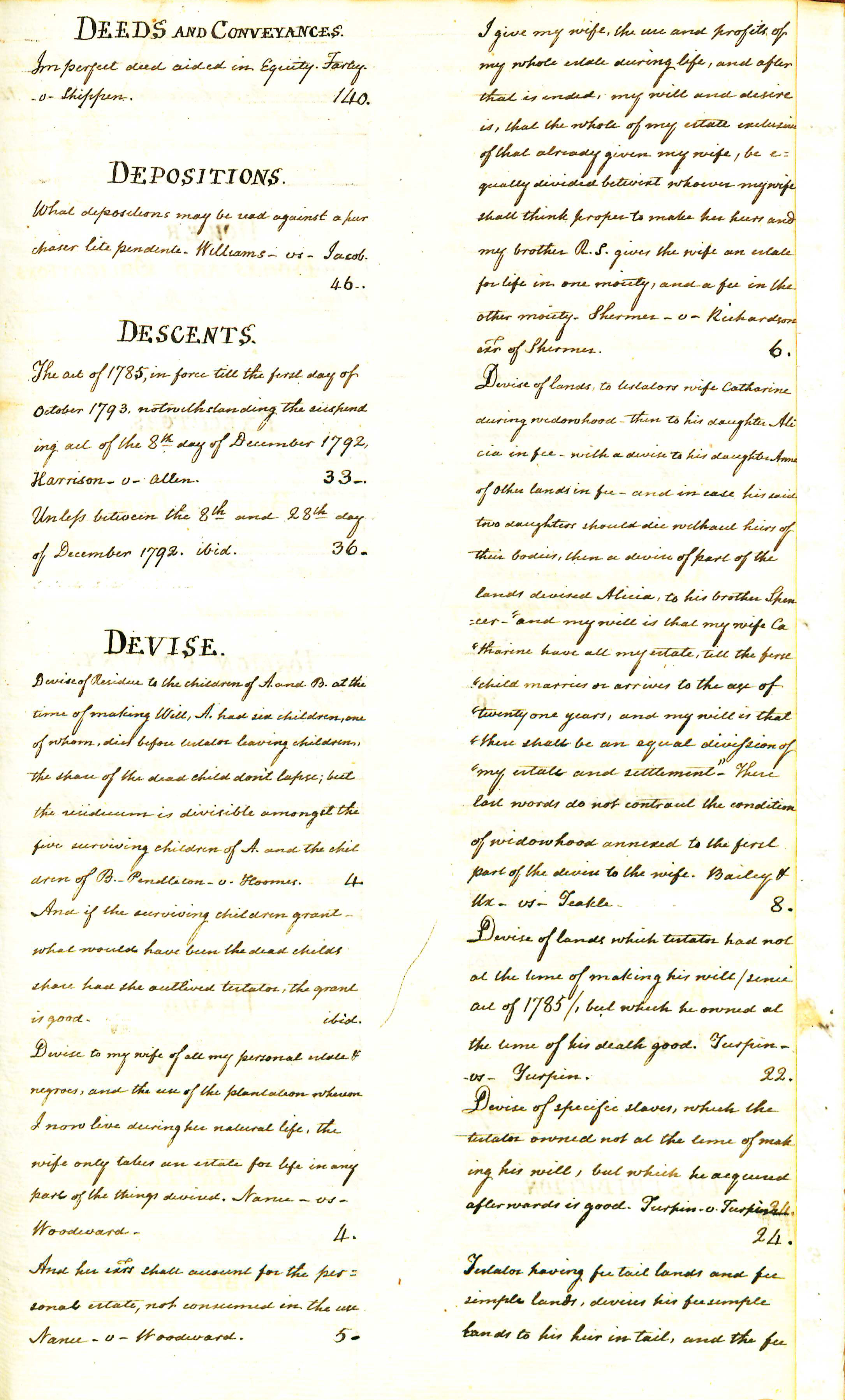 "Deeds and Conveyance" through "Devise," rear blank.