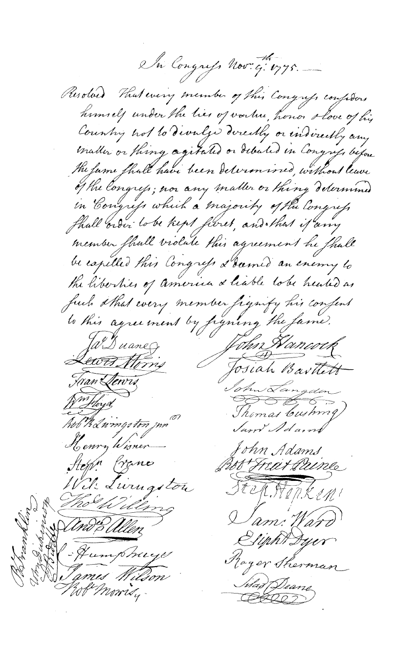 Facsimile reproduction of the "Agreement of Secrecy," November 9, 1775. In Peter Force's American Archives, 4th ser., vol. 3 (Washington, D.C.: M. St. Clair and Peter Force, 1840), between pp. 1916 and 1917.