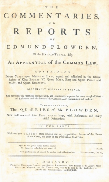 File:PlowdenCommentariesOrReports1761Title.jpg