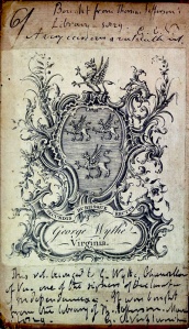 Wythe's bookplate in P. Virgilii Maronis Bucolica, Georgica, et Aeneis (1743), Mount Gulian Historic Site, Beacon, New York.