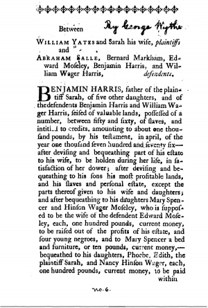 Page one from Wythe's pamphlet, Between Yates and Salle (1796?). Copy at the Library of Congress.