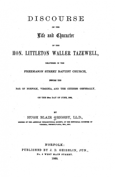 File:GrigsbyDiscourseOnTheLifeOfLittletonWallerTazewell1860Title.jpg