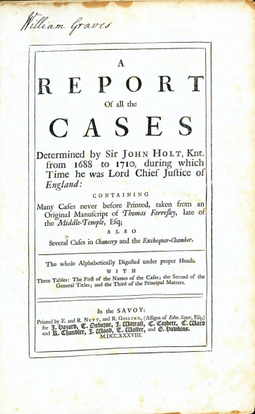 File:ReportOfAllTheCasesDeterminedBySirJohnHolt1738 TitlePage.jpg