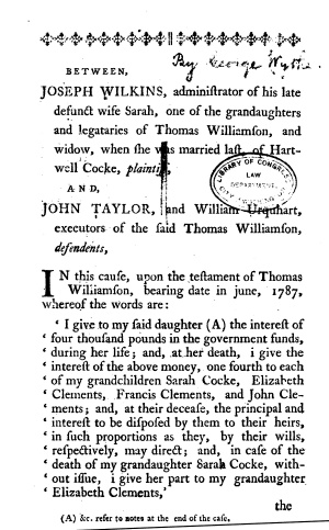 Page one from George Wythe's pamphlet, Between Wilkins and Taylor (1799?). Library of Congress copy.